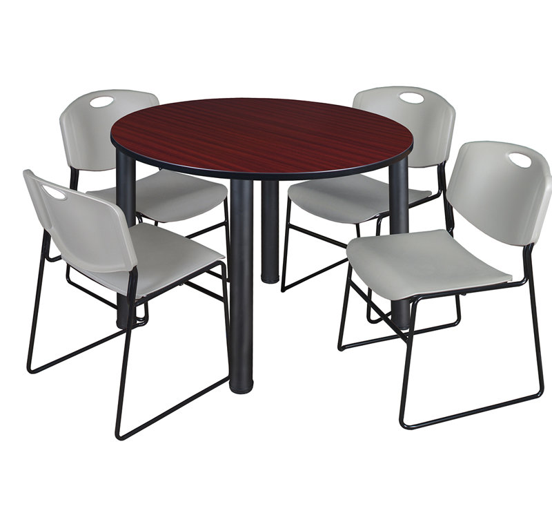Plateau de table Kee, 4 chaises empilables, Noir, Acajou