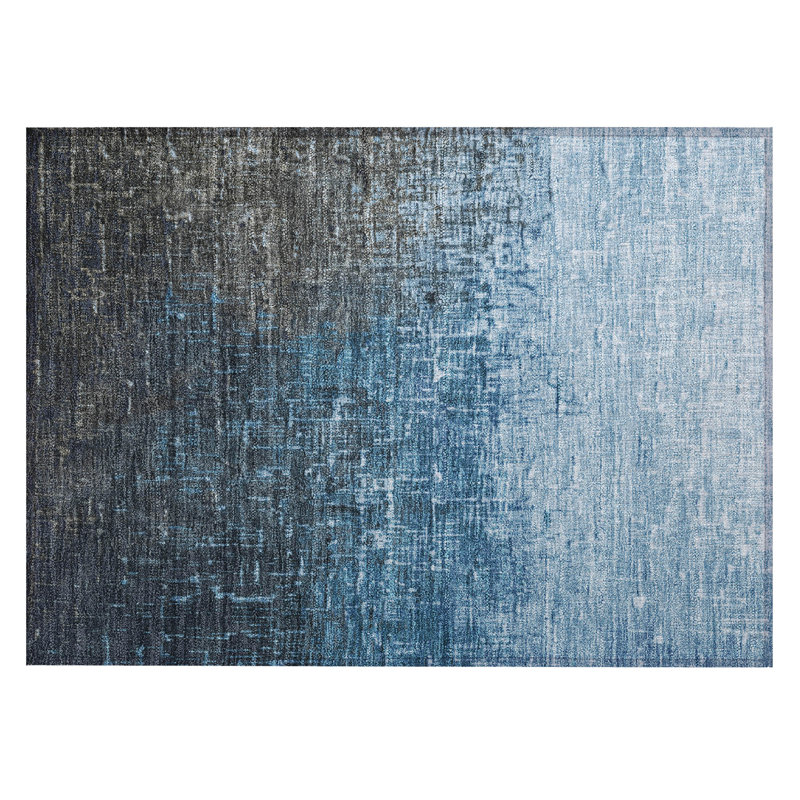 Blue Flat Woven Washable Synthetic Rectangular Rug