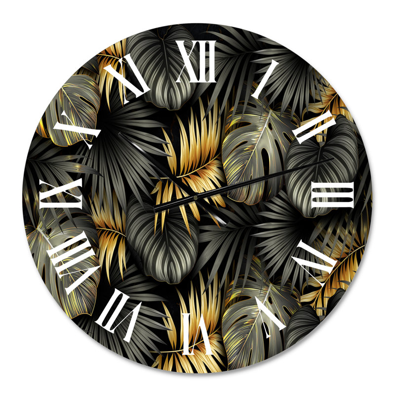 Feuilles tropicales noires et dorées II - horloge murale moderne, Moyen