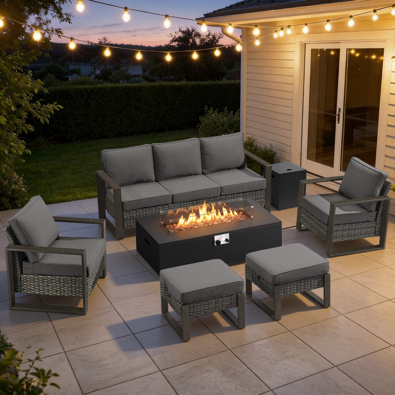 Drazen 7 - Person Patio Furniture Set With Fire Pit Table, All-Weather Wicker Outdoor Conversation Set With Chair And Thick Cushions