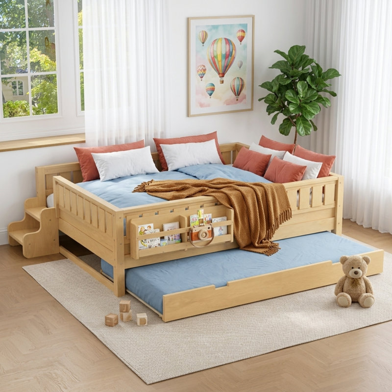 Lit pour enfant en bois massif avec lit gigogne, bibliothèque intégrée et petit escalier, lit pour tout-petit Safe Guardrail
