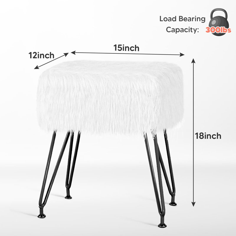 Vanity Stool Chair With Storage, Soft Ottoman Seat Vanity Stool With Anti-Slip Feet, Fluffy Padded Seat Multifunctional Footrest Side Table With 4 Metal Legs , White/Black