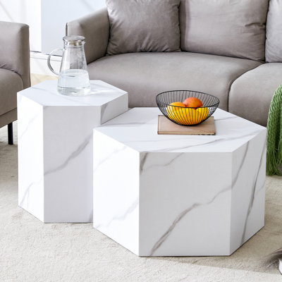 Modern Minimalist Style Hexagonal Marble Patterned MDF Coffee Table Set (Two-Piece Set) .Complex Texture Patterns, Style And Texture Coffee Table To Redefine Your Interior Decoration.