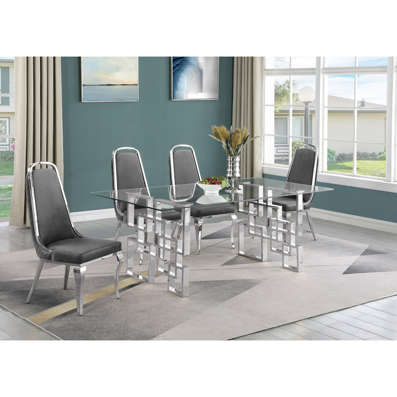 Kalen 4 - Person Glass Top Double Pedestal Dining Set, Dark Gray