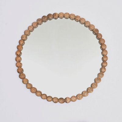 Miroir mural décoratif décoratif rond avec cadre en perles de bois naturel, 32 po