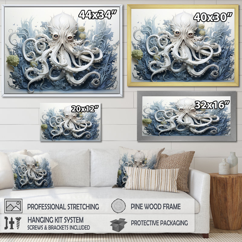 Impression sur toile Marine Marine Octopus Magic Animals, H 34 po x l 44 po x P 1,5 po, Cadre flottant noir