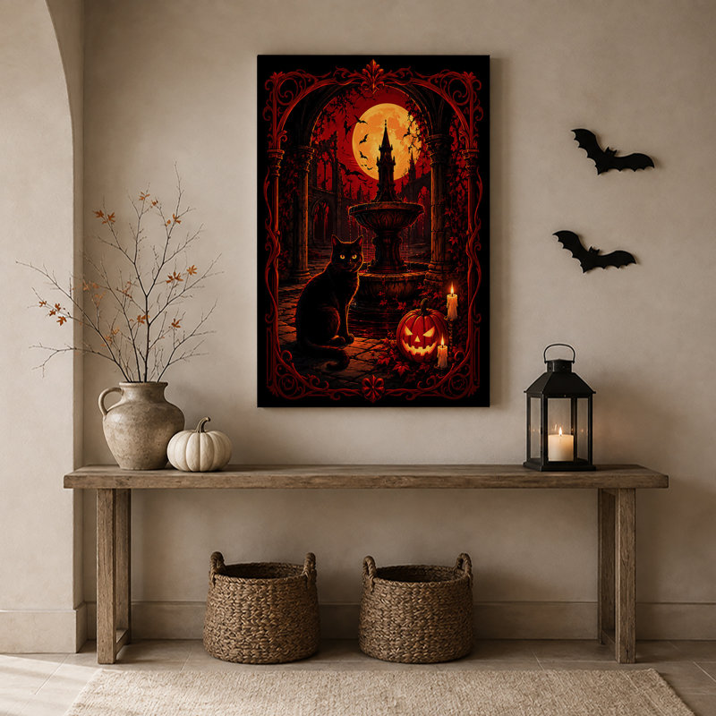 Art de toile d'Halloween chat noir avec citrouille sculptée et château gothique, H 30 po x l 20 po