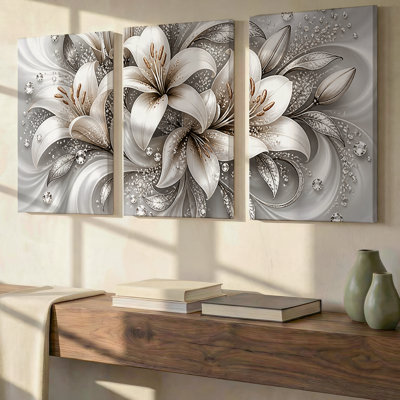 Ensemble de 3 toiles décoratives exclusives représentant des lys blancs et des cristaux argentés, grand format, style botanique luxueux. Parfait pour le salon, la chambre à coucher et le bureau.