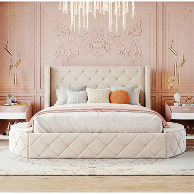 Upholstered Platform Bed, Storage Bed With Wingback Headboard And 1 Big Drawer