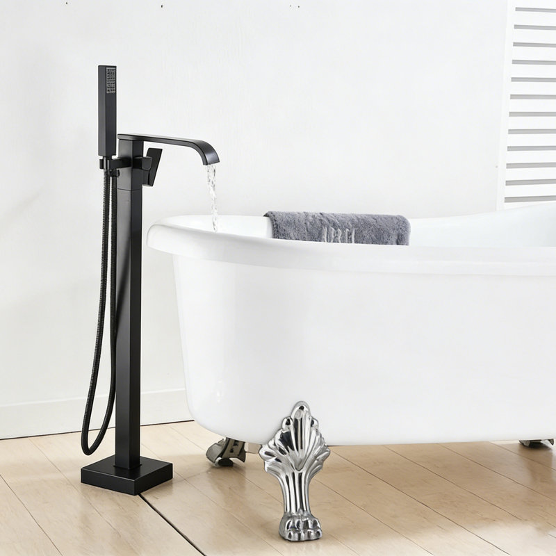 Floor Mount Freestanding Tub Filler Single Handle Brass Bathtub Faucet with Handshower, Satin Black