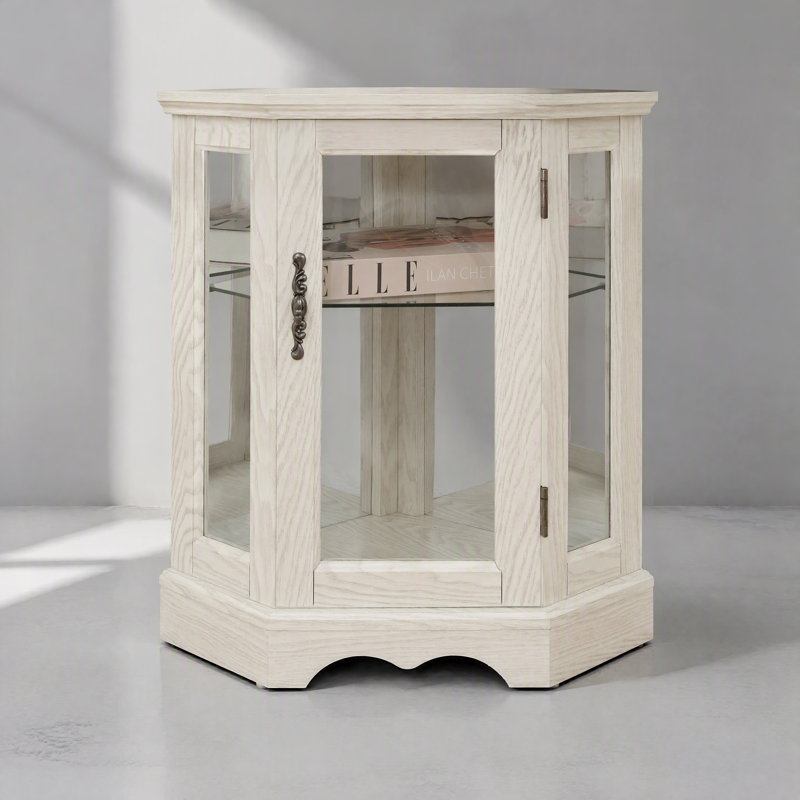 Vitrine de coin lumineuse, vitrine de style couronne avec portes et tablettes en verre trempé, ampoule incluse, décor de rangement en coin pour le salon et la chambre à coucher, finition blanche