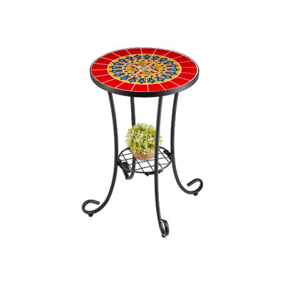 Table d'appoint et support pour plantes, table de chevet de 53 cm avec dessus en céramique de 36 cm, idéale pour la décoration de votre porche ou jardin. Table en mosaïque intérieure et extérieure, mobilier de salon, chambre ou balcon pour la maison et le jardin, rouge.