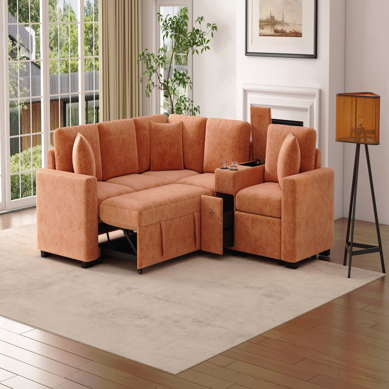 Canapé-lit modulaire convertible en L 120,5 po avec canapé-lit modulaire réversible avec lit escamotable, porte-gobelets et grand espace de rangement pour le salon, orange