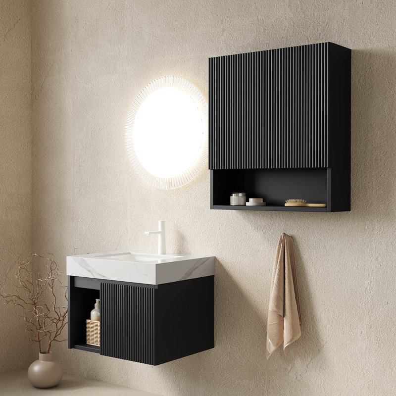 Ensemble meuble-lavabo suspendu EIDEN 61 cm + TOBI 66 cm, avec rangement intégré, comptoir en pierre frittée blanc Carrara, lavabo en céramique, 1 trou pré-percé pour robinetterie, robinetterie et bonde non inclus, couleur noir