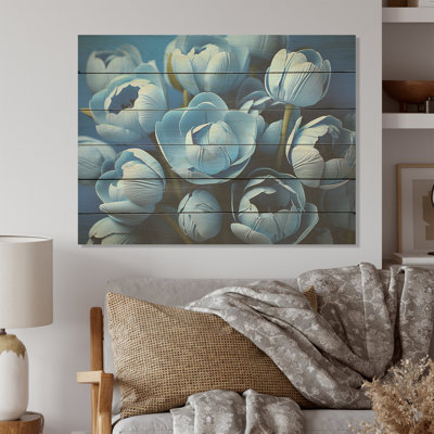 Azure Blue Tulips Bloom I - Tulips Wood Panel Wall Art On Natural Pine Wood