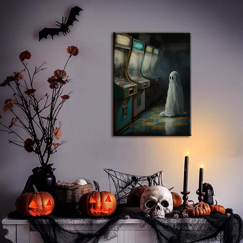 Funny Ghost Gamer Arcade Wall Decor Paintings, Gothic Dark Academia Pictures Canvas Prints Spooky., 40 cm H x 30 cm W