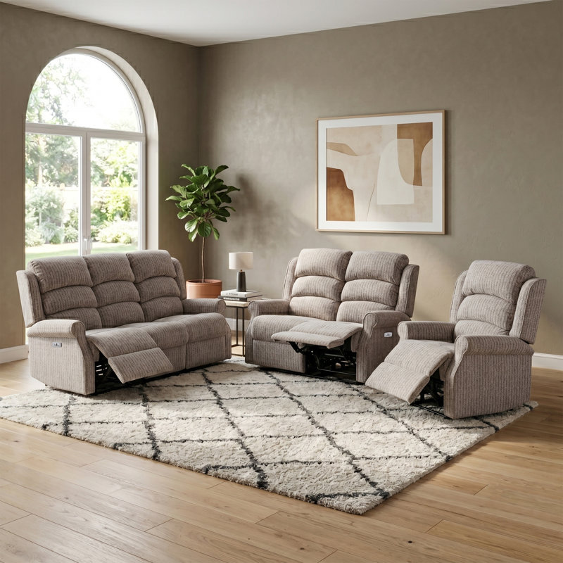 Lainey 3 Seater Reclining Sofa, Natural Polyester Blend