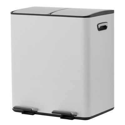 Poubelle de cuisine à deux compartiments en acier inoxydable 40 L (2 x 20 L) - Couvercle à fermeture en douceur - Seaux intérieurs amovibles - Résistant aux odeurs et aux traces de doigts - Pédale de marche - Bac de recyclage, blanc