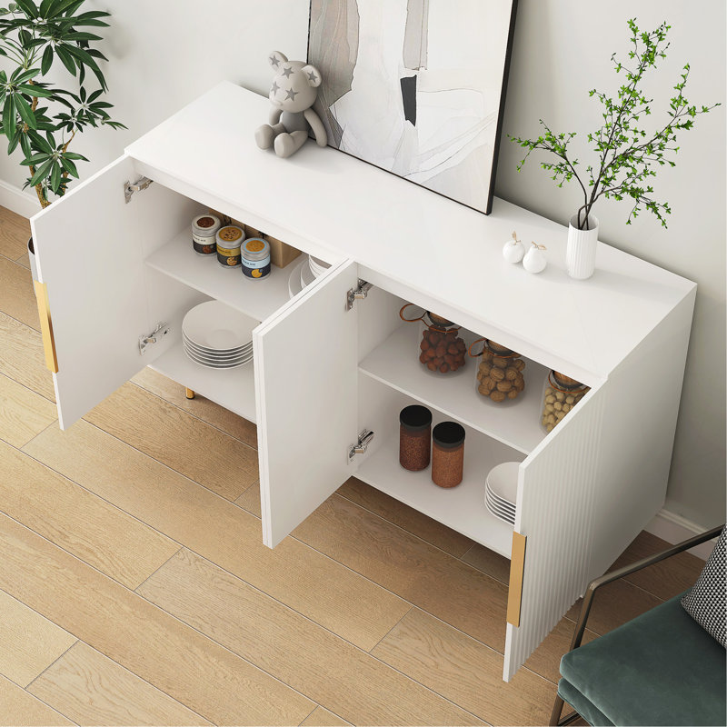 Buffet avec tablettes réglables et panneau cannelé à 4 portes, Blanc
