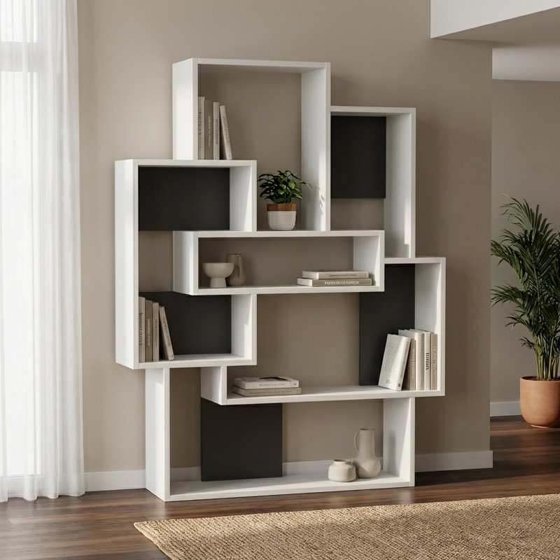 Microscopium Modern Freestanding Bookcase with 6 Asymmetric Compartments 101 x 22 x 132 cm, White/Anthracite