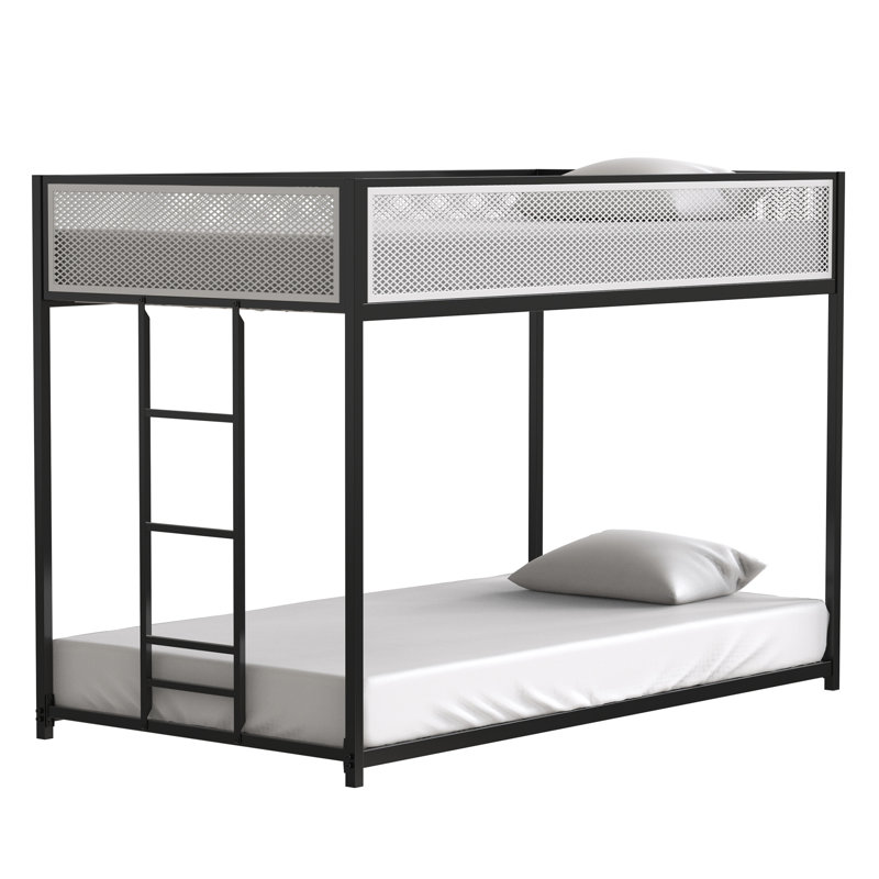 Lit superposé simple au-dessus de simple en métal pour enfants et adultes, conception à profil bas avec échelle et garde-corps en filet blanc, noir