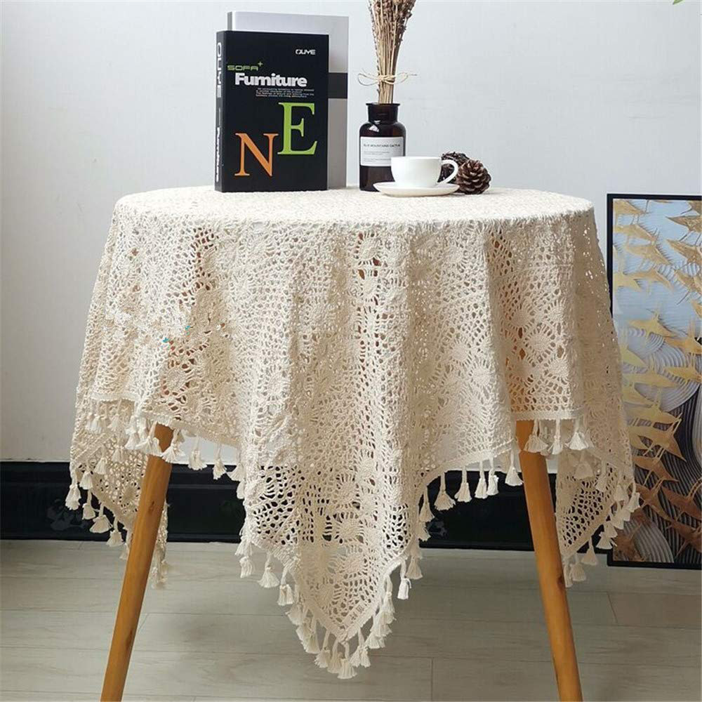 Beige Lace Tablecloth 47x47 inch by One Allium Way - 100% Cotton, image size:1000x1000