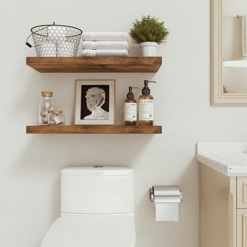 Deeper & Thicker Floating Shelves For Wall, Bathroom Shelves Long Floating Shelf For Wall Set Of 2, Over Toilet Wall Mounted Farmhouse, Rustic Brown