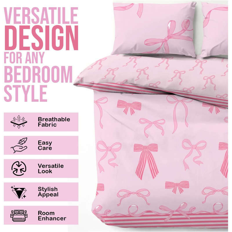 Bows Duvet Cover Set with Pillowcases - Soft Touch Polycotton Bedding - Single Double King Machine Washable, Double