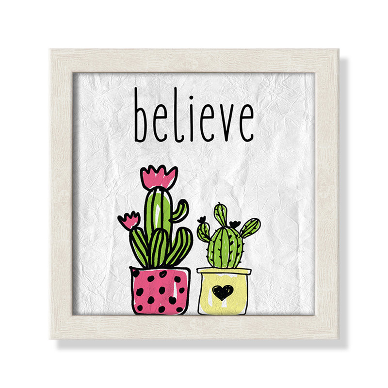 Cactus B, art encadré, 8" H x 8" W x 1.18" D, Encadré de boîte à grain de bois blanc
