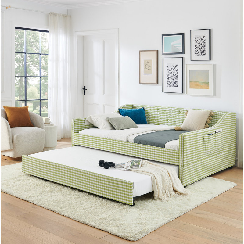 Lit de jour pleine grandeur, lit de jour convertible rembourré avec dossier capitonné, canapé-lit polyvalent 3 en 1 avec lit gigogne escamotable et rangement latéral, parfait pour les espaces verts compacts