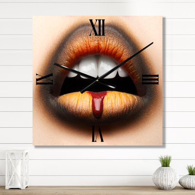 Female Lips with Black & Orange Lipstick - Modern Wall Clock