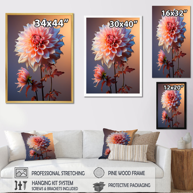 Corail et dahlia bleu dansant III - impression, Cadre doré simple, H 40 po x l 30 po x P 1,5 po