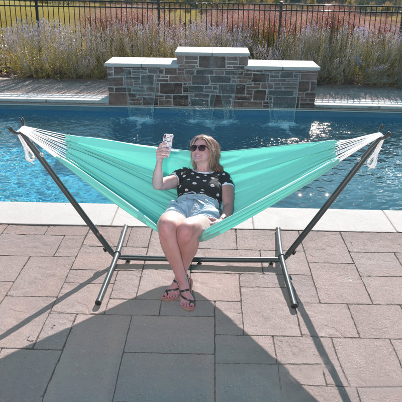Hamac double Sunbrella avec support et sac de transport Vivere Northey, Bleu, Gris anthracite