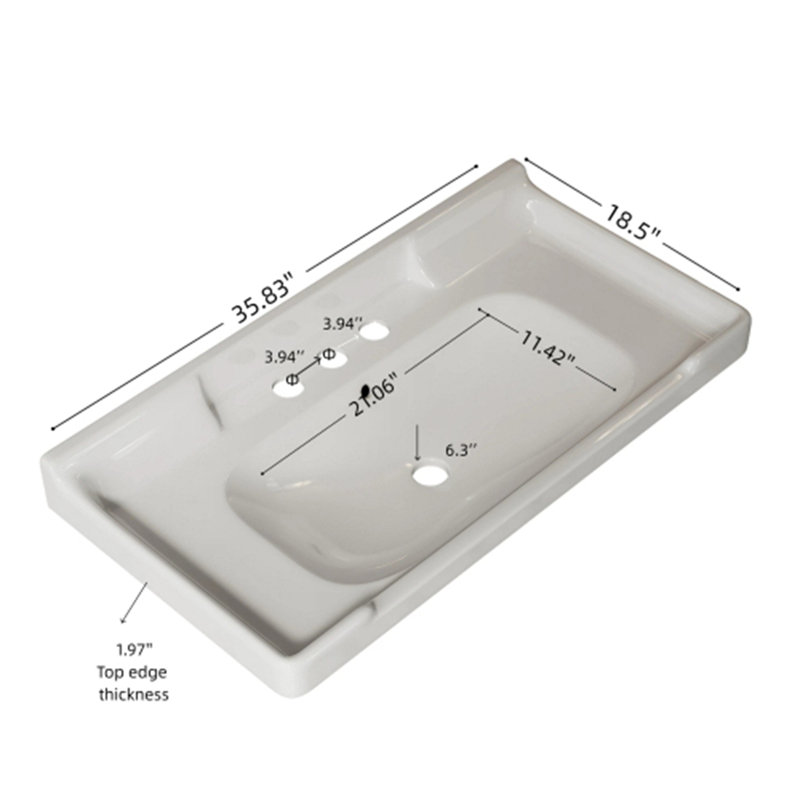 Lavabo de salle de bain 36 po en céramique avec 3 trous pré-percés, sans armoire et robinet, blanc, Blanc