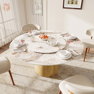 Modern Mid-Century Dining Table with Sintered Stone Top and Natural Wood U-Base, Featuring Detachable Lazy Susan for Versatile Use