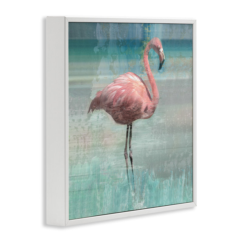 «Layered Flamingo Bird», estampe numérique par Nan, H 24 po x l 24 po x P 1,5 po, Giclée encadrée blanc bord de mer