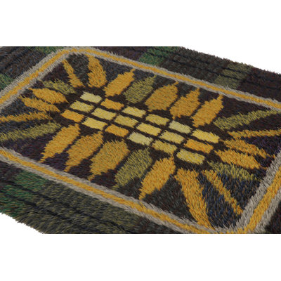 Vintage Swedish Rya Rug, Bold Green & Gold Scandinavian Medallion - Rug & Kilim