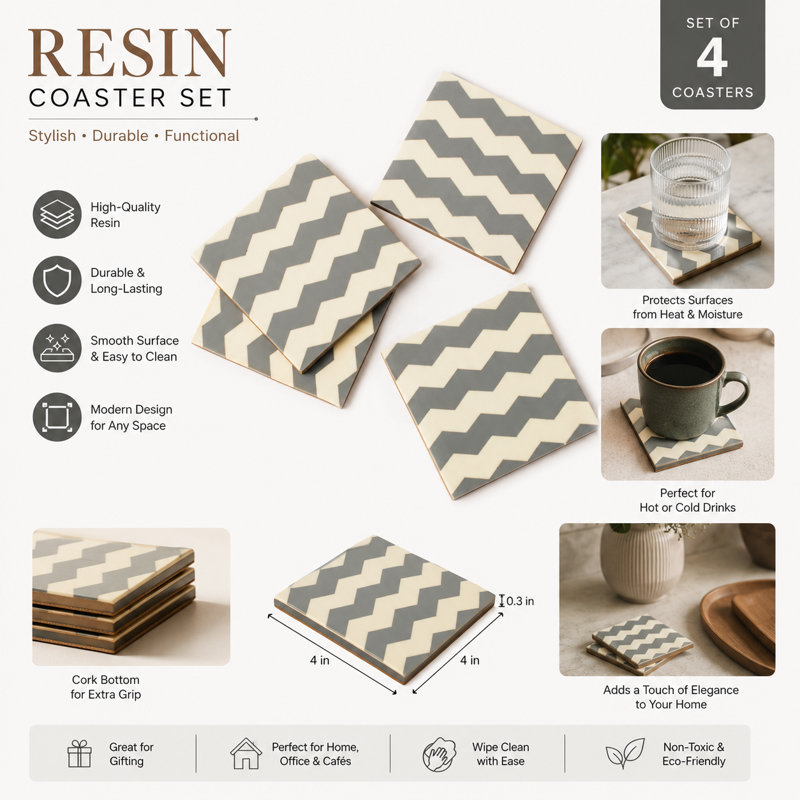 Ensemble de 4 sous-verres en résine à chevrons gris et ivoire fabriqués à la main Inlaya
