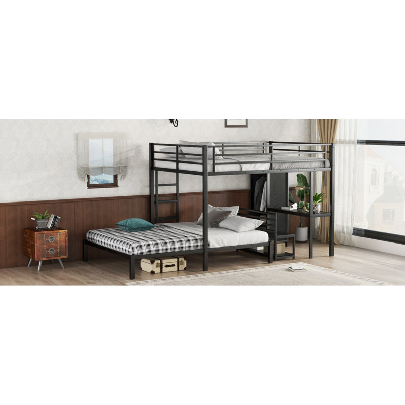 Structure de lit superposé grand sur grand avec garde-robe intégrée, lit superposé en métal avec bureau et chaises de rangement, noir