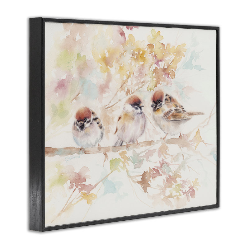 Trio d'oiseaux sur une branche d'aquarelle, estampe numérique, conception par Cady, Giclée encadrée noir minuit