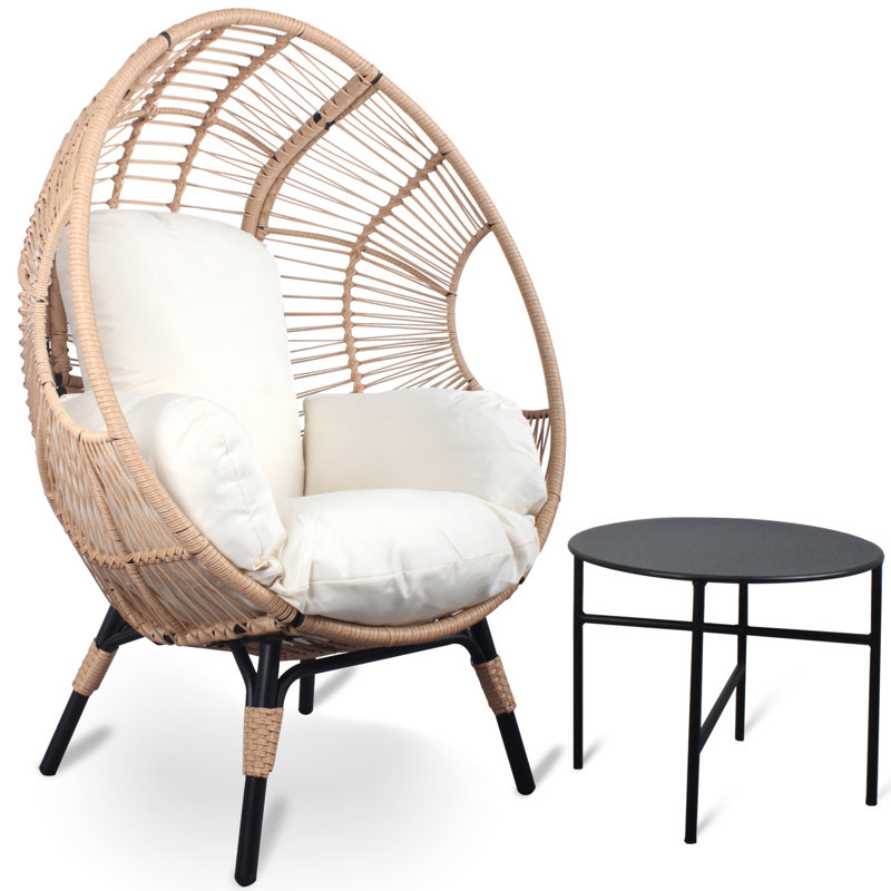 Chaise de patio en osier PE modèle 2 avec coussin en rotin de couleur naturelle et table d'appoint, Naturel / Blanc
