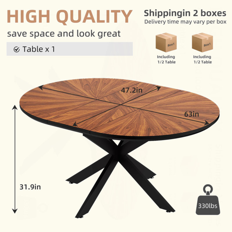 Table de salle à manger extensible ronde pour 4 à 6 personnes, plateau de table en bois massif et structure en métal, mobilier de salle à manger