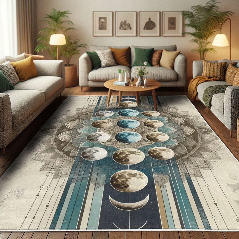 Cadet Blue and Eggshell Oriental Synthetic Area Rug, 5'2" x 7'6"