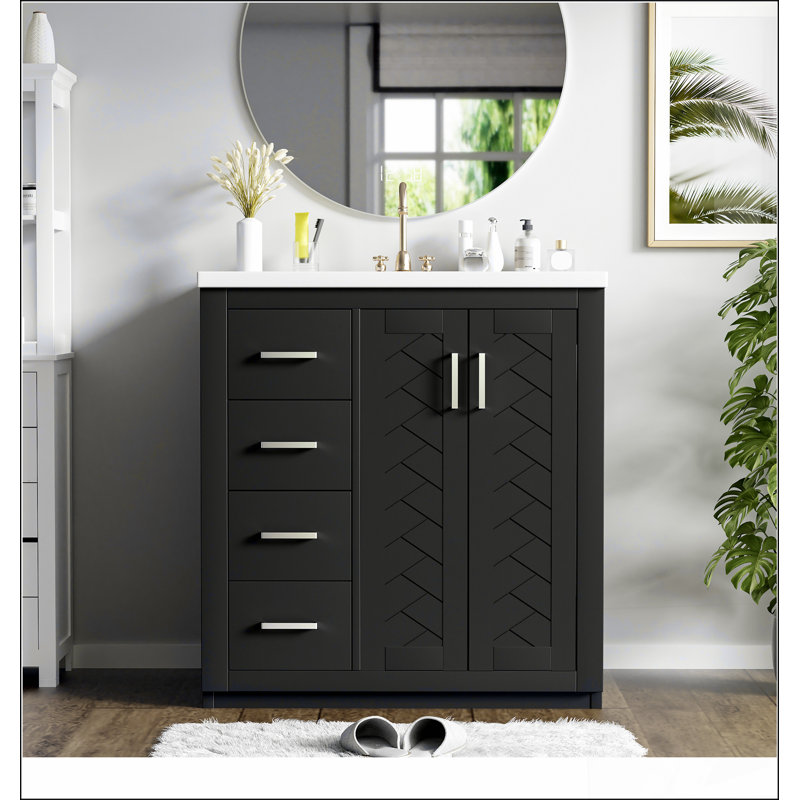 Ensemble de meuble-lavabo 30 po avec lavabo en céramique, armoire de rangement en bois massif, ensemble de meuble-lavabo autoportant avec 3 tiroirs et portes à fermeture douce