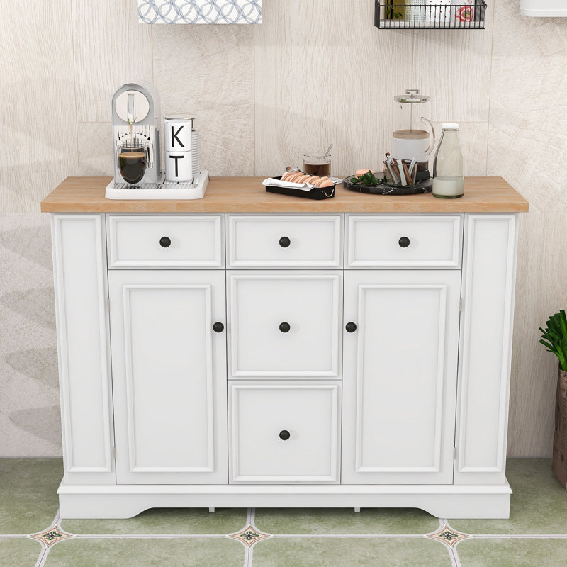 Buffet classique avec tablettes ouvertes, tablettes réglables, supports de porte et tiroirs Classic, White