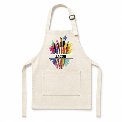  Kids Art Apron, Personalized with Custom Name, Natural Linen with Rainbow Brush Splash Artwork for Little Artists, Apron for Class, Boys and Girls, Adjustable Neck Strap, 15 x 20 Inches