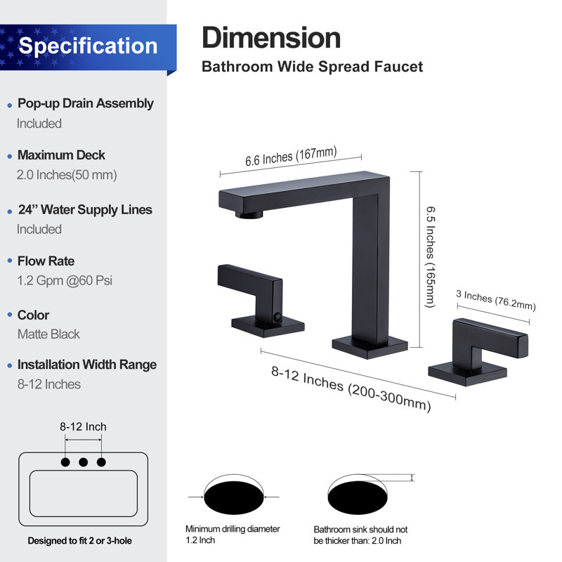 Widespread 2-handle Bathroom Faucet with Drain Assembly, Matte Black