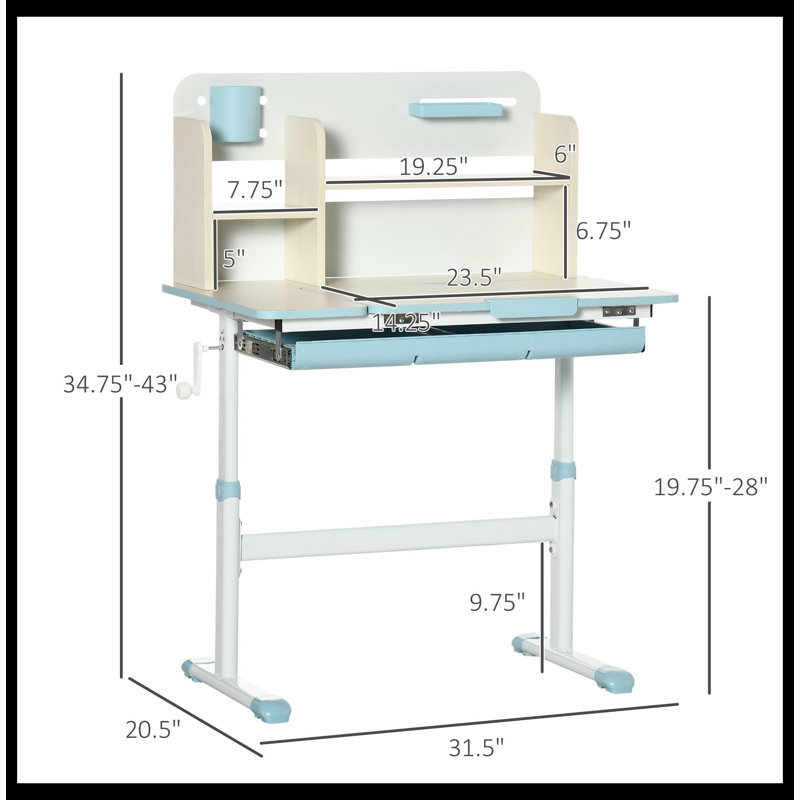 Bureau d'écriture rectangulaire réglable en hauteur avec huche de 31,5 po Anitha, Bleu