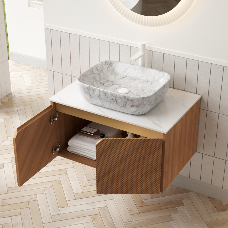 Meuble-lavabo flottant avec lavabo vasque en marbre et armoire en bois massif à fermeture en douceur