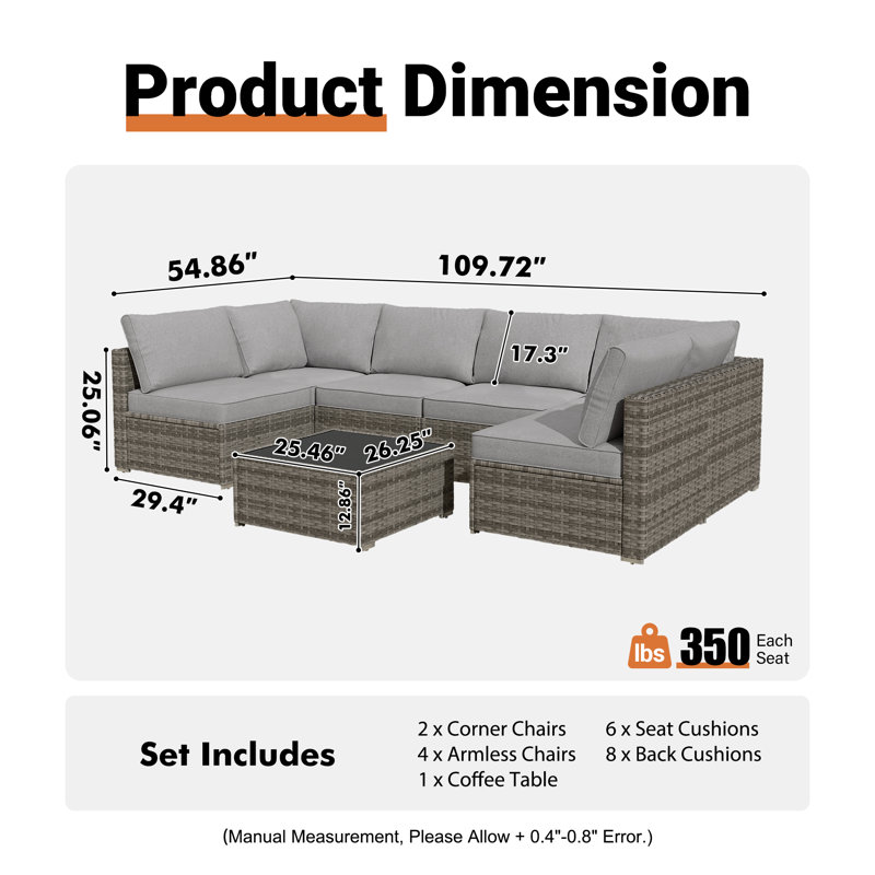 Chappotin 7 - Piece Outdoor Conversation Set,  Wicker Patio Seating Group, All Weather Sectional Sofa Set with Cushions for Garden, Backyard